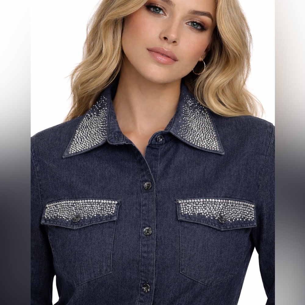 Christine Alexander Embellished Button Front Shirt Rhinestone Collar & Pockets